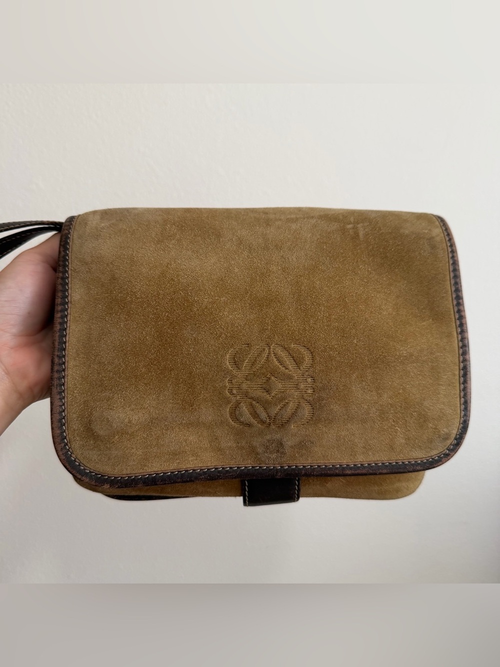VTG Loewe Suede Clutch Bag in Tan and Dark Brown